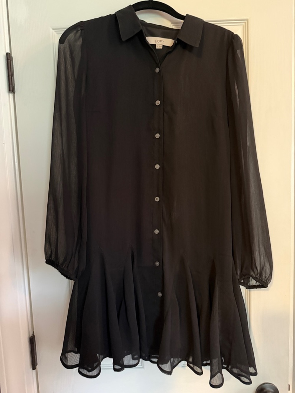 LOFT Black Sheer Long-Sleeve Ruffle Hem Dress